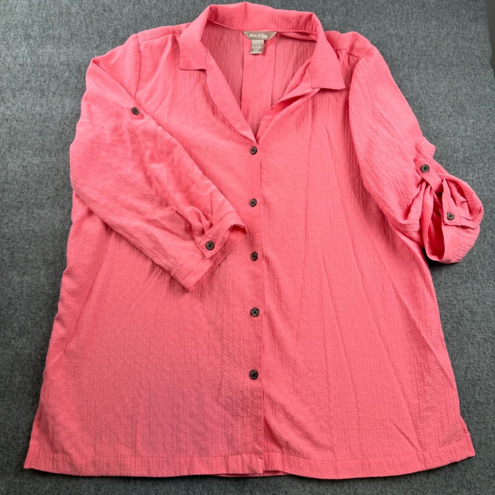 White Stag Button Down Shirt Womens Large Pink Sapphire‎ Roll Tab 3/4 Sleeve